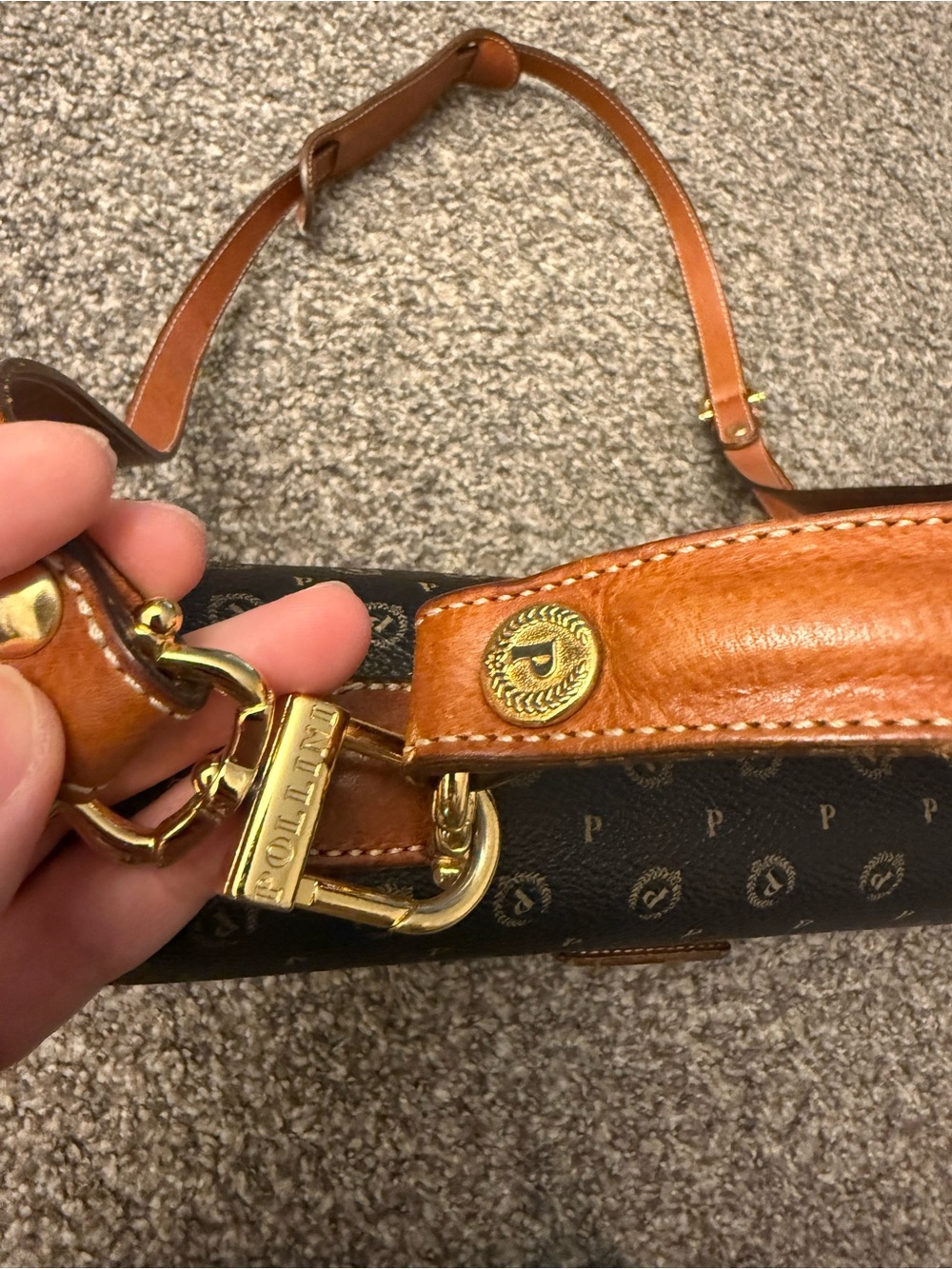 Pollini Monogram Leather Satchel Bag Italy Dark Academia - Picture 9 of 14